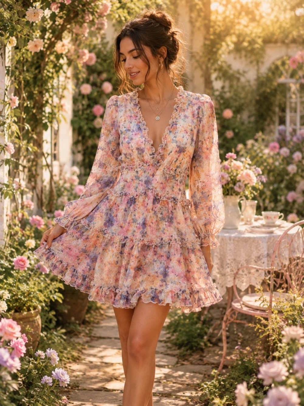 Lulu's Pastel Floral Ruffle V-Neck Mini Dress - Picture 2 of 6